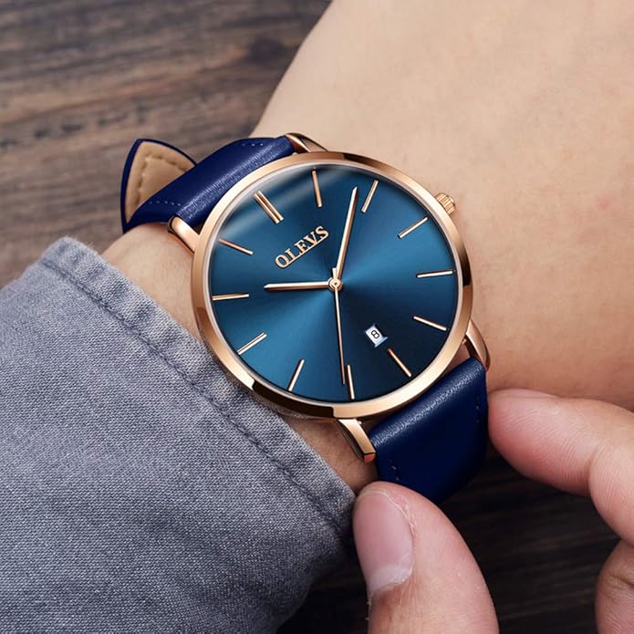OLEVS Mens Watches Minimalist Ultra Thin Fashion Casual Analog Quartz Date Watch Waterproof Slim Simple Big Face Dress Wrist Watch Leather Band for Men
