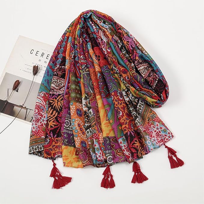 Yeieeo Boho Scarf for Women Lightweight Floral Printed Scarf Fall Winter Fashion Fringed Shawl