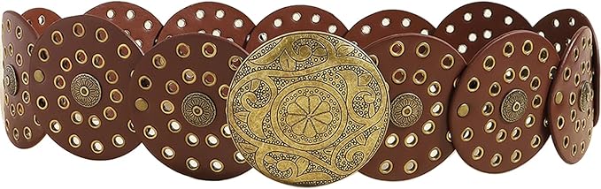 Hollow Wide Disc Belt for Women Concho Leather Metal Buckle Boho Belt Cowgirl Vintage Western Chunky Waist Belts