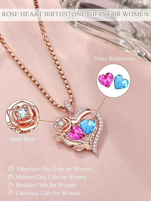 Rose Heart Necklaces for Women, Rose Gold Forever Love Jewelry with 2 Birthstones Pendant, Christmas Anniversarry Birthday Gifts for Her Wife Mom Grandma, 18+2 Inch Chain