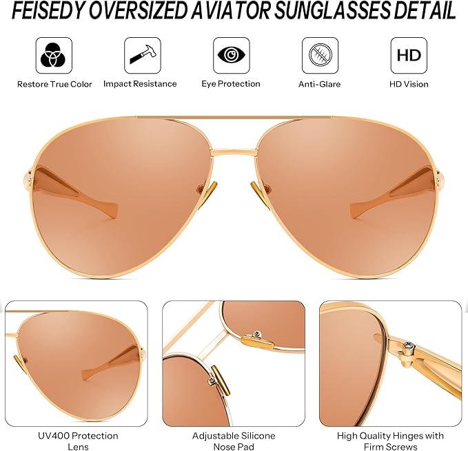 FEISEDY Oversized Aviator Sunglasses Women Men - Retro Gold Metal Chunky Frame, UV400 for Driving & Daily Wear B0311