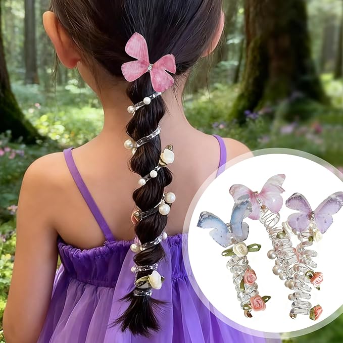 4PC Pearl Butterfly Telephone Wire Hair Ties – Spiral Elastic Bubble Ponytail Hair Bands for Women & Girls, No Damage, Soft & Stretchy Hair Accessories for High Ponytails and Braids(set-B)