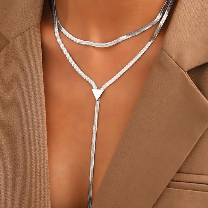 Atiptu Chunky Gold Choker Necklace for Women Silver Statement Y Necklace Long Herringbone Snake Chain Lariat Necklaces Prom Body Jewelry Accessories Gifts
