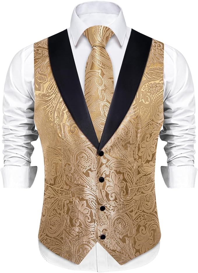 DiBanGu Mens Paisley Suit Vest Silk Jacquard Waistcoat and Necktie Set Formal Shawl Collar Dress Vest 7PCS for Wedding Party