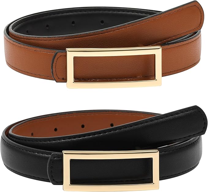 AWAYTR Women Reversible Leather Belt - Two-in-One Women Fashion Skinny Belt for Jeans with Golden Buckle