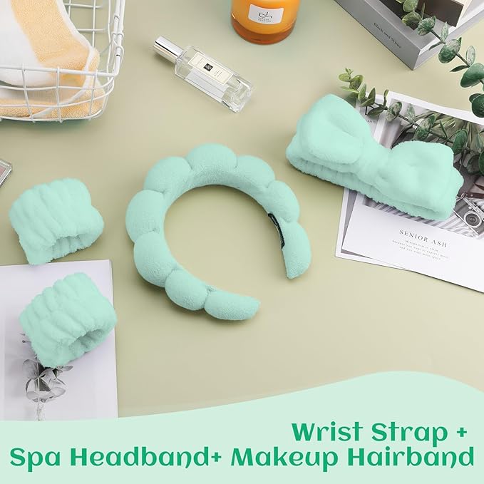 Spa Headband & Wristband Set，Makeup & Skincare Headbands for Washing Face，Face Wash Head band for Women，Hair Accessories for Women，Cute Hair Band for Girls 4 Pcs