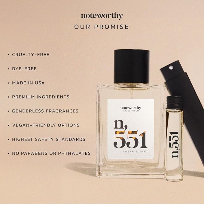 Noteworthy n,551 Amber Sunset Eau De Parfum – Lily of the Valley, Amber, Sandalwood | Sophisticated, Warm Fragrance for Any Occasion | Long-lasting Unisex Perfume for Women & Men (Travel+Refill)
