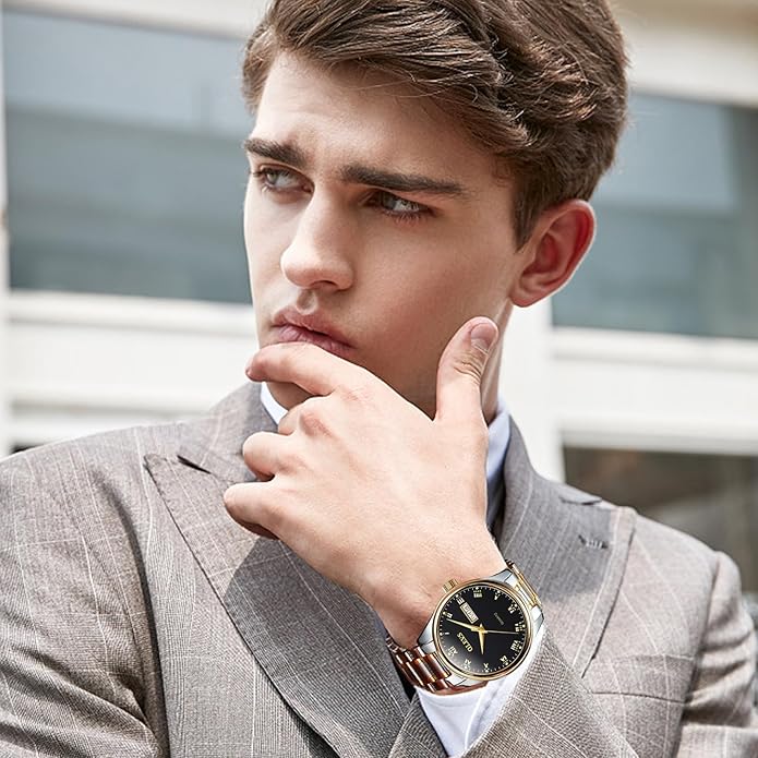 OLEVS Classic Men Watches with Date,Stainless Steel Man Watch with Date, Bussiness Watches for Men,Luminous Quartz Mens Watches Black/White/Blue/Gold, Waterproof Male Watch with Week