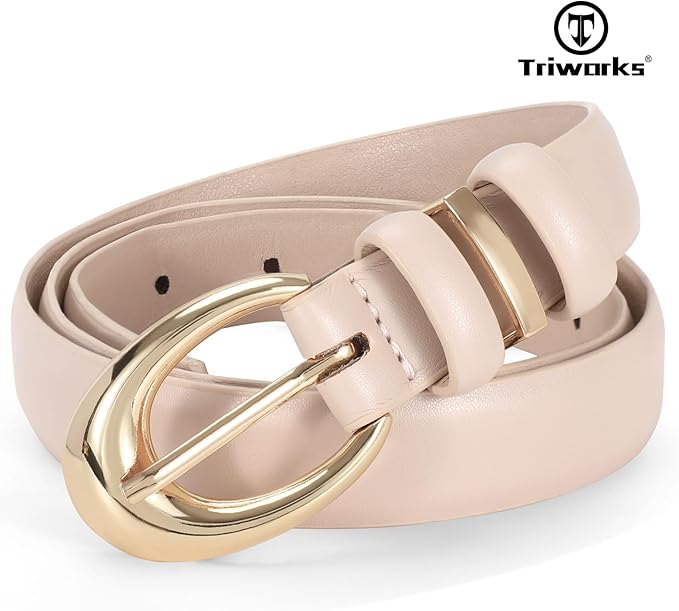 TRIWORKS Women Leather Belt for Jeans Pants Fashion Ladies Skinny Faux Leather Dress belt with Gold Buckle