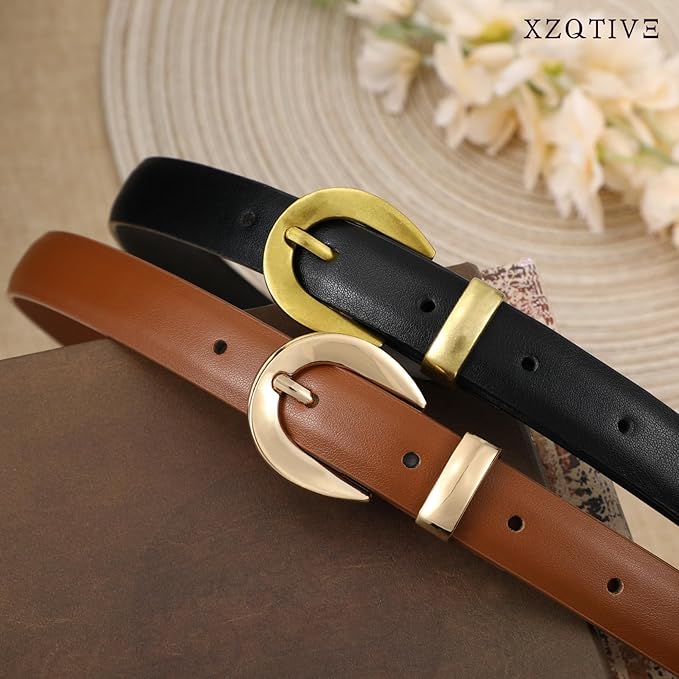 XZQTIVE Women Skinny Leather Belts for Jeans Dress Pants Fashion Ladies Thin Black Waist Belt with Gold Buckle