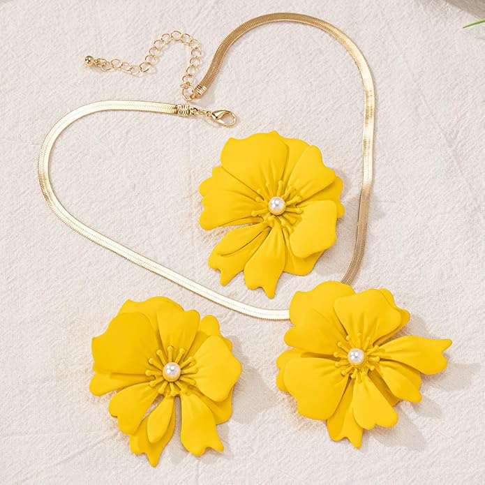 Vintage Flower Necklace Earring Set Gold Snake Chain Necklace Bohemian Red Flowers Choker Necklaces Hypoallergenic Statement Flower Stud Earrings Elegant Bridal Wedding Summer Beach Jewelry