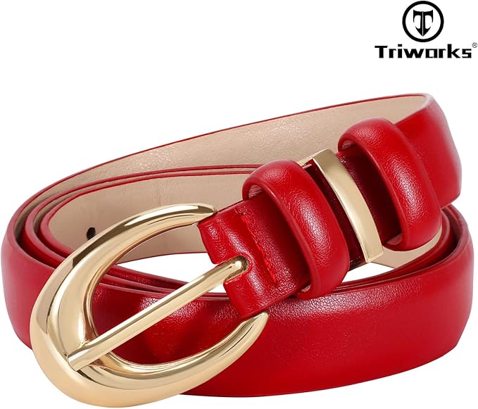TRIWORKS Women Leather Belt for Jeans Pants Fashion Ladies Skinny Faux Leather Dress belt with Gold Buckle