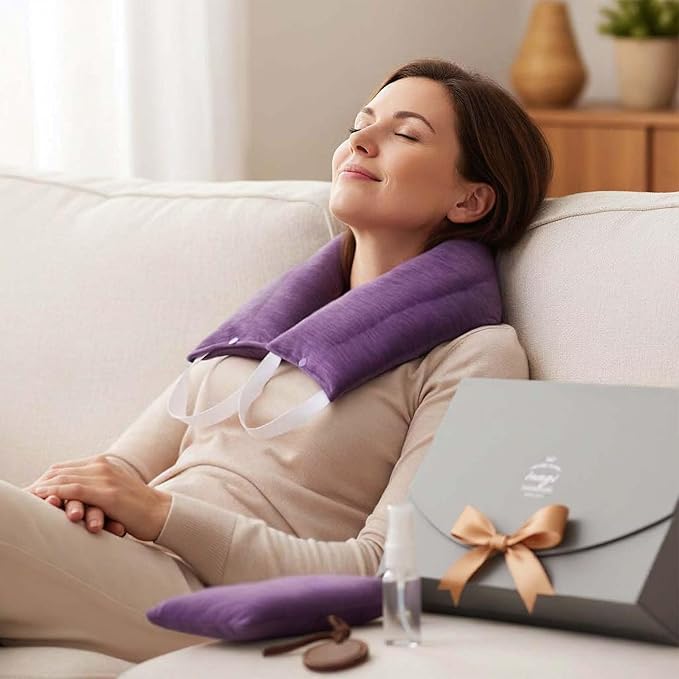 Luxury Lavender Microwavable Neck Wrap & Eye Mask Set – Moist Heat Therapy for Neck Pain & Stress Relief – Himalayan Salt & Aromatherapy Gift Box for Relaxation & Self-Care Gifts for Women
