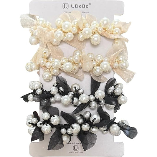 Silk Scrunchies Hair Ties 4Packs – Super Soft Thin Hair Scrunchies, Gentle on Hair, Faux Pearl Decorated Hair Accessories for Women