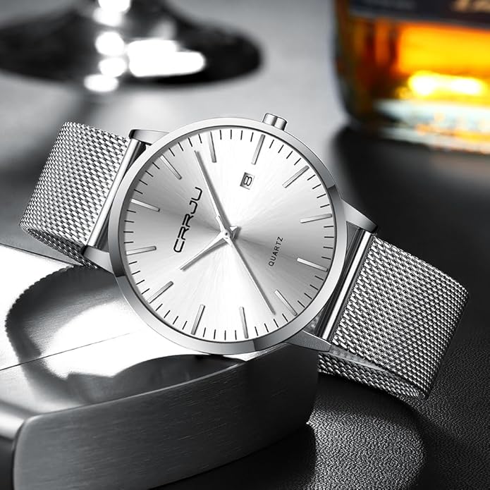 CRRJU Men's Minimalist Casual Luxury Auto Date Watches Fashion Business Japan Movement Quartz Waterproof Wristwatches for Men Stainsteel Steel Band Watch