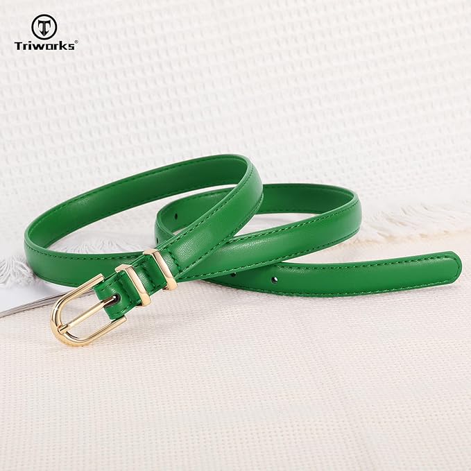 2 Pack Women Skinny Leather Belts for Jeans Pants Thin Faux Leather Belt with Gold Buckle