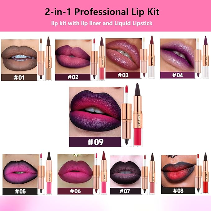 Grape Purple Lip Liner and Liquid Lipstick Set,Lip Kit with Lip Liner and Gloss, lip combo sets for black women,High Pigmented Lip Kits Long Lasting Waterproof Matte Lipstick Lip Combo Makeup #2