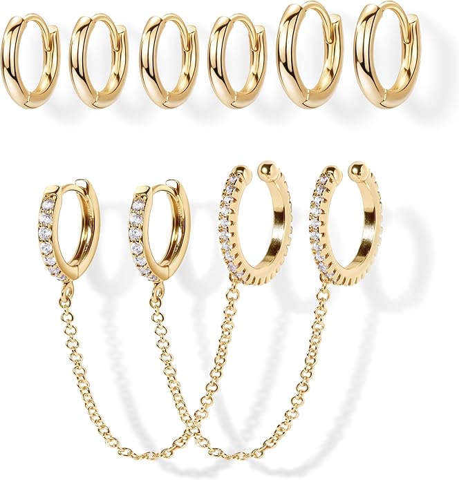 Small Gold Huggie Hoop Earrings Set for Women Men Hypoallergenic 14K Plated Stack Cartilage Earrings, Multiple Piercing Lightweight Mini Thin Cute Dainty Trendy Jewelry Set Christmas Gifts for Women