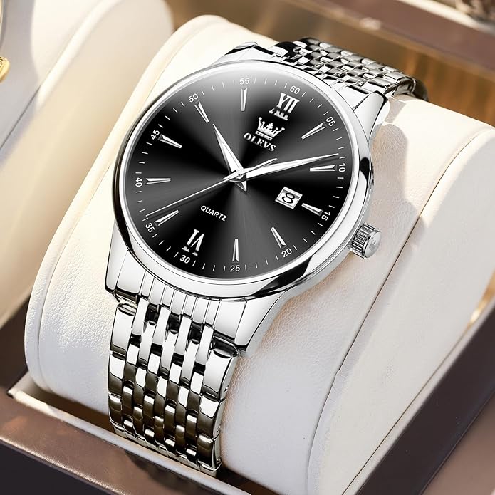 OLEVS Mens Watch Stainless Steel Analog Quartz Watches for Men Day Date Easy Read Diamond Waterproof Dress Luxury Classic Casual Big Face Blue/Black/Gold/Silver Roman Arabic Numerals Men's Wrist Watch