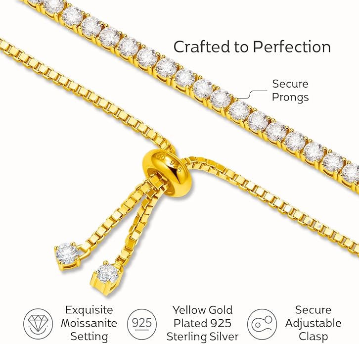 LOVE&LOVE Moissanite Tennis Bracelet for Women, Adjustable Bracelet 925 Sterling Silver 3/4mm D VVS1 Round Cut, Luxury Jewelry Gift for Wife Mom Girlfriend Birthday Anniversary