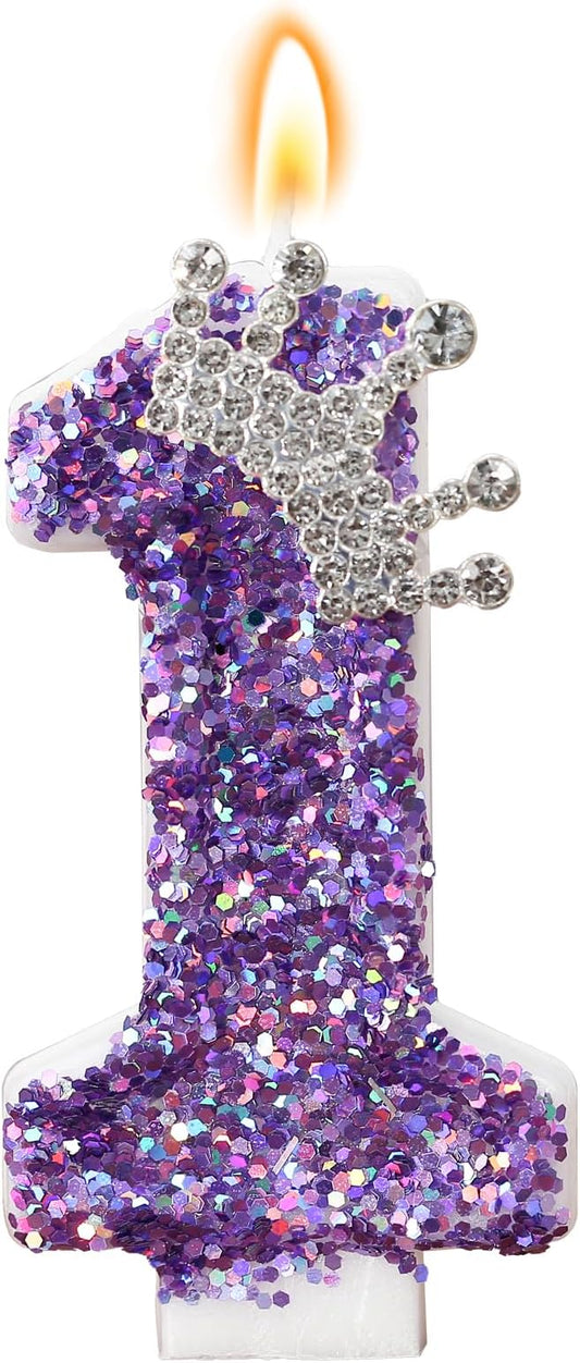 Birthday Number Candles,Purple Crown Birthday Candles for Cake,Glitter Number 1 Candle Cake Topper with Sequins for Anniversary Celebrations Supplies (Number 1)