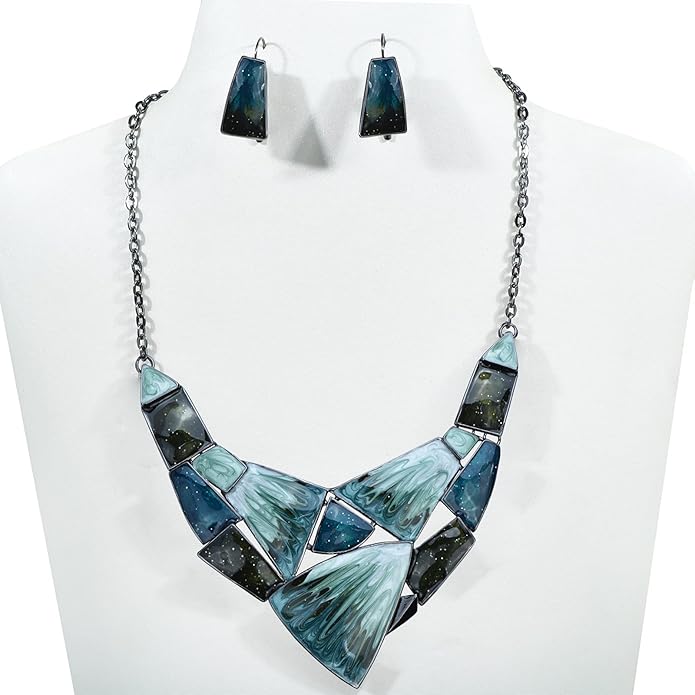 Irregular Enamel Triangle Shape Collar Bib Statement Necklace Earrings Set Women Bridal Jewelry