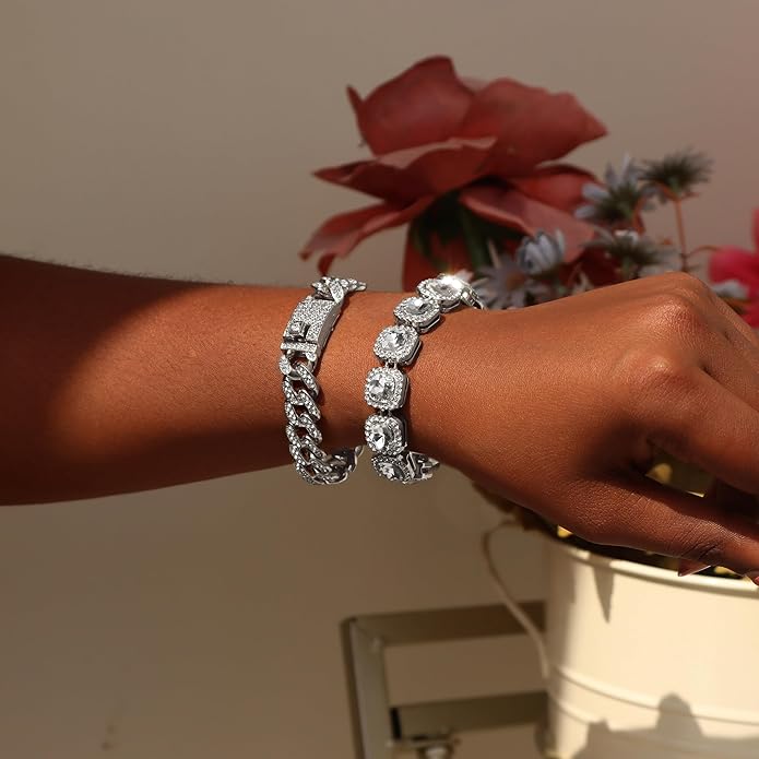 4PCS Gold Bracelets for Women Silver Clustered Tennis Bracelet for Women Heart Round Diamond Cuban Bracelet Layered Link Bracelet Set Fashion Jewelry for Women Set