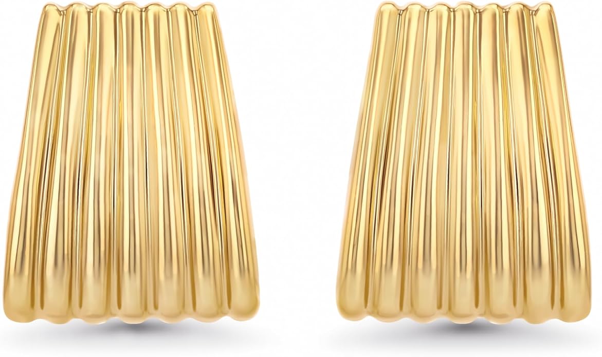 18K gold plated Chunky Statement Earrings for Women by SNGIA, Small Handmade Trendy Stud Ribbed Jewelry Gifts, Rectangle Huggies Fashion Button Accessories, Vintage Thick Square Nickle Free Huggie Earring.