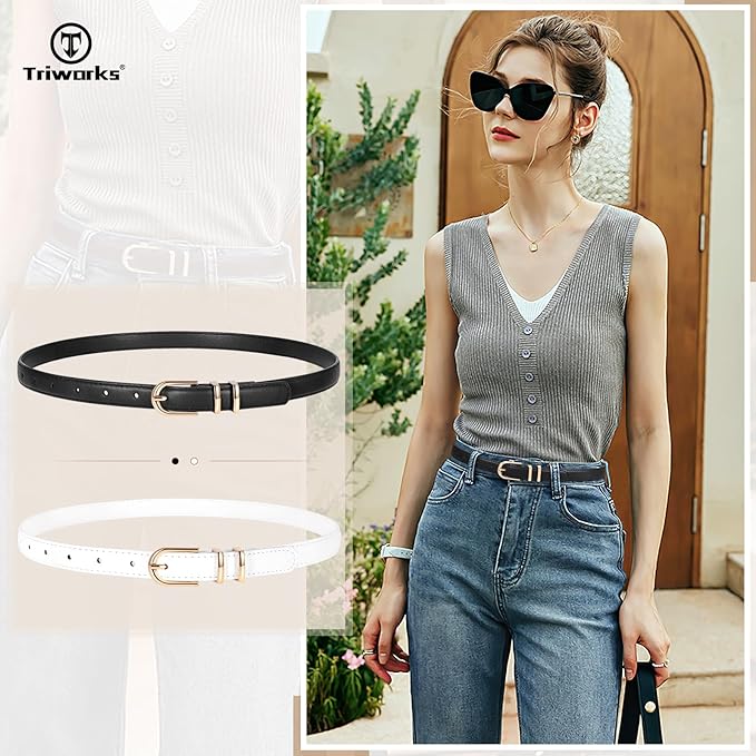 2 Pack Women Skinny Leather Belts for Jeans Pants Thin Faux Leather Belt with Gold Buckle