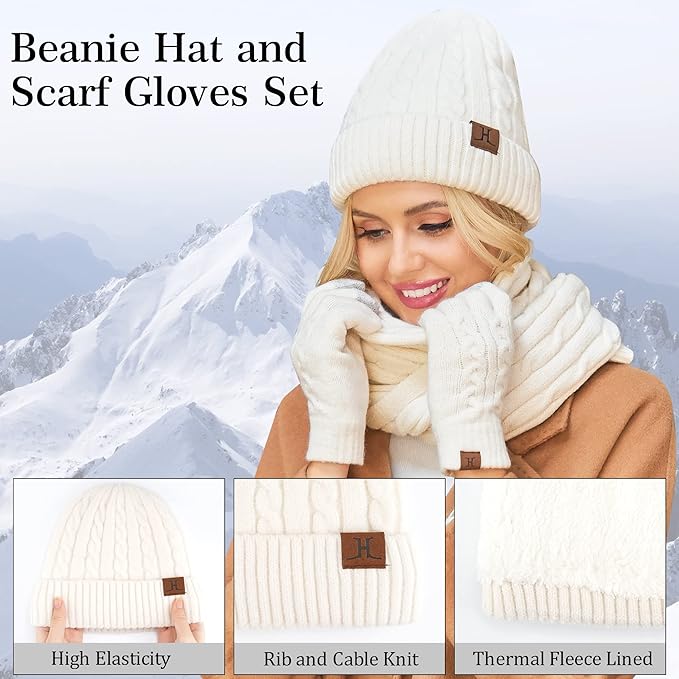 Womens Winter Beanie Hats Long Scarf Touchscreen Gloves Set Warm Knit Skull Caps Gifts for Women