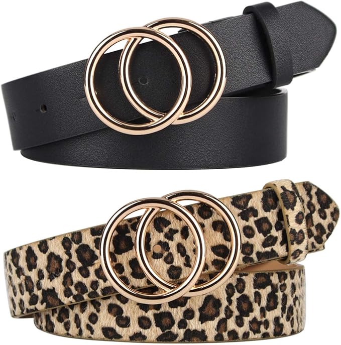 UnFader Pack 2 Women Belts for Jeans with Fashion Double O-Ring Buckle and Faux Leather