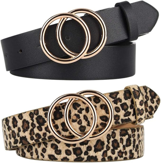 UnFader Pack 2 Women Belts for Jeans with Fashion Double O-Ring Buckle and Faux Leather