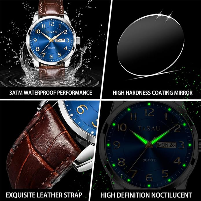 Watches for Men Luxury Analog Waterproof Classic Leather Large Face Simple Easy Read Quartz Minimalist Dress Day Date Quartz Mens Watches