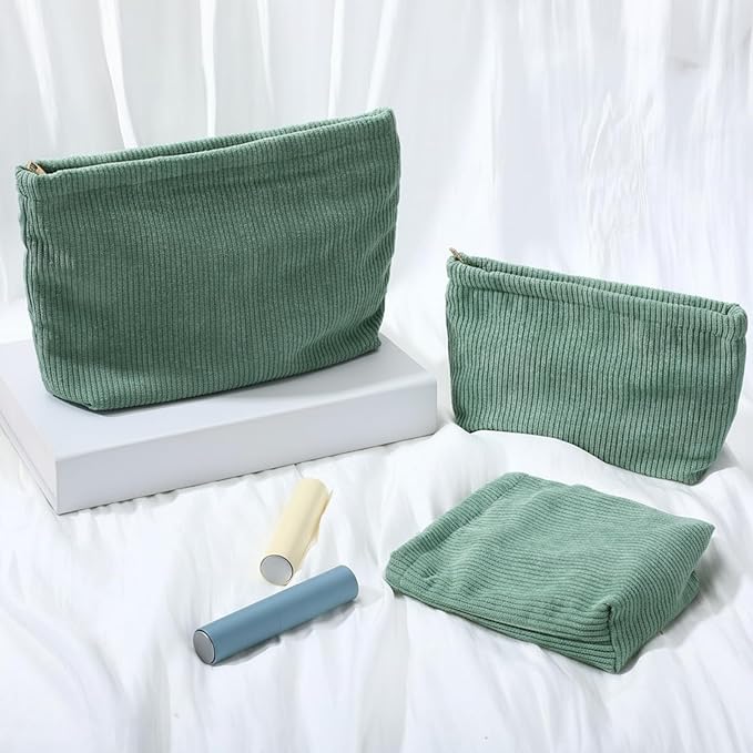 Sanwuta 3 Pack Corduroy Makeup Bag Set Cosmetic Toiletry Travel Pouch Organizer Velvet Makeup Bag for Women Large Pouch Zipper Purse Make up Organizer, Women Girls Gift(Light Green)