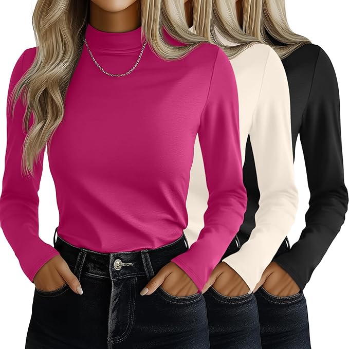 Ficerd 3 Pack Women's Mock Turtleneck Shirts, Long Sleeve Mock Neck Pullover Tops Slim Fitted Stretch Undershirt Tee Blouse