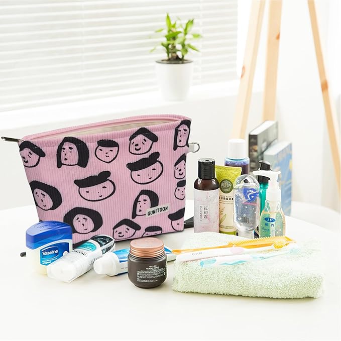 2pcs Pink Corduroy Makeup Bag for woman-aesthetic cute stuff as pouch case and purse organizer for girl-cosmetic travel toiletry bag small baggu glossier (Portrait)