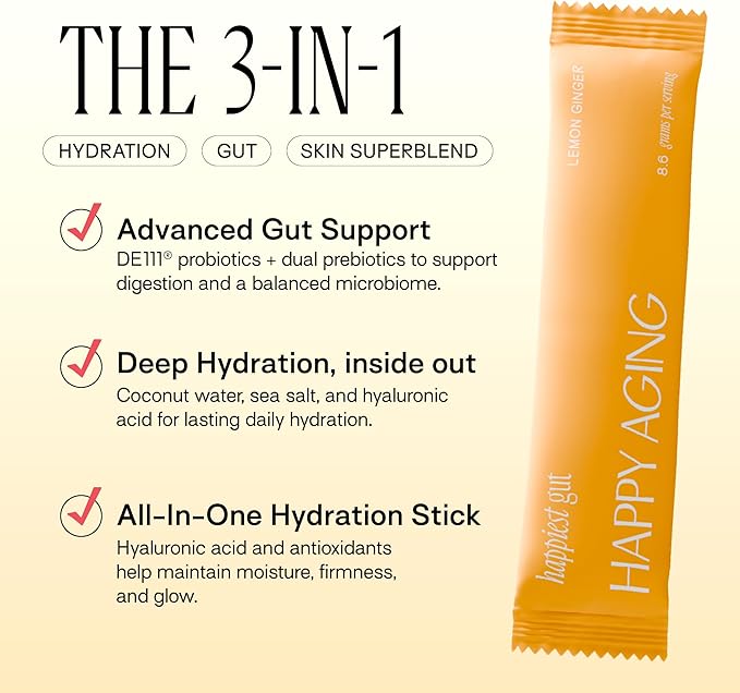 Happy Aging Happiest Gut Hydration Powder – Electrolytes + Probiotics + Dual Prebiotics + Hyaluronic Acid – Gut Balance, Skin Hydration & Daily Wellness – 12 Sticks (Lemon Ginger)