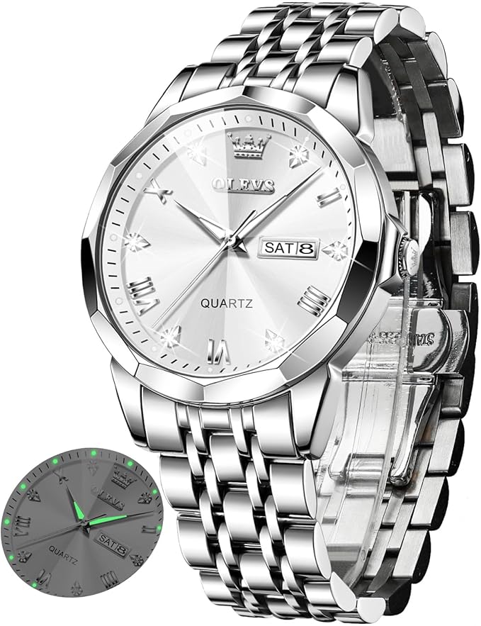 OLEVS Watch for Men Women Large Face Unisex Diamond Luxury Dress Analog Quartz Stainless Steel Waterproof Luminous Date Business Casual Wrist Watch