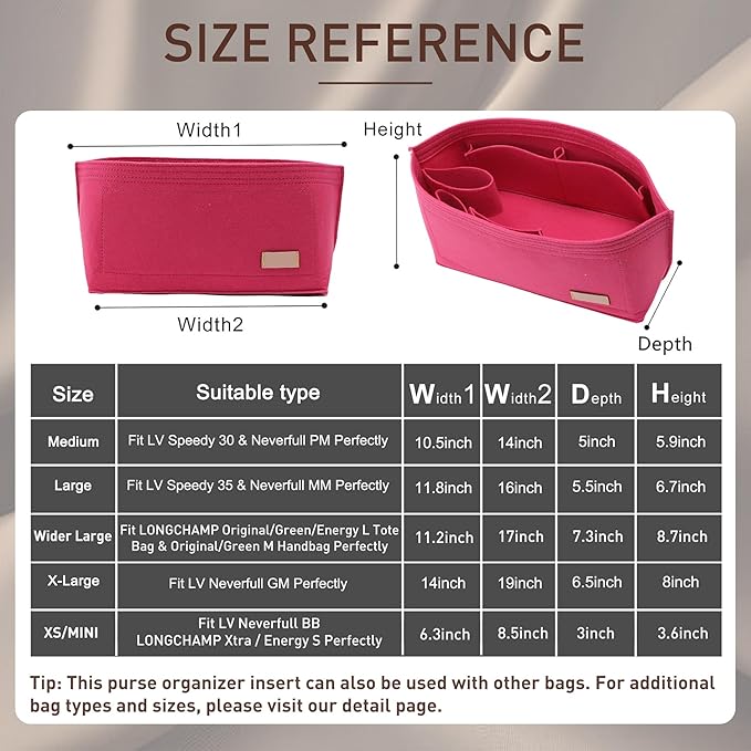 Doxo Purse Organizer Insert & Base Shaper 2pc Set, Felt Handbag & Tote Bag Fit L Speedy 35 Nererfull MM More(L-Rose)