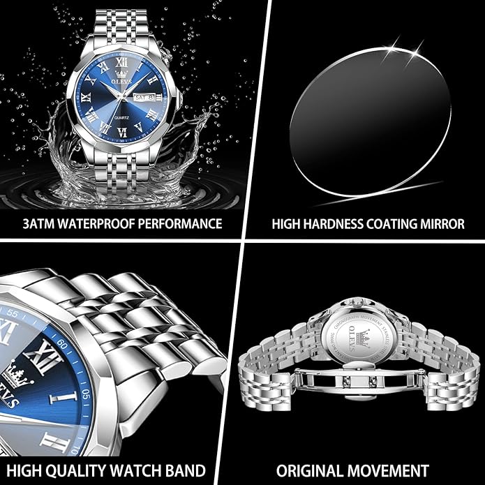 OLEVS Classic Men Watches with Date,Stainless Steel Man Watch with Date, Bussiness Watches for Men,Luminous Quartz Mens Watches Black/White/Blue/Gold, Waterproof Male Watch with Week