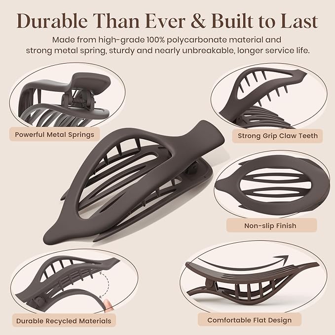 Oeusnae 6 PCS Large Flat Hair Clips for Women Girls, French Concord Lay Down Claw Clips for Thick Thin Hair, Comfortable Curved Flat Clips, Matte Non-slip Strong Hold Hair Accessories, Neutral Colors
