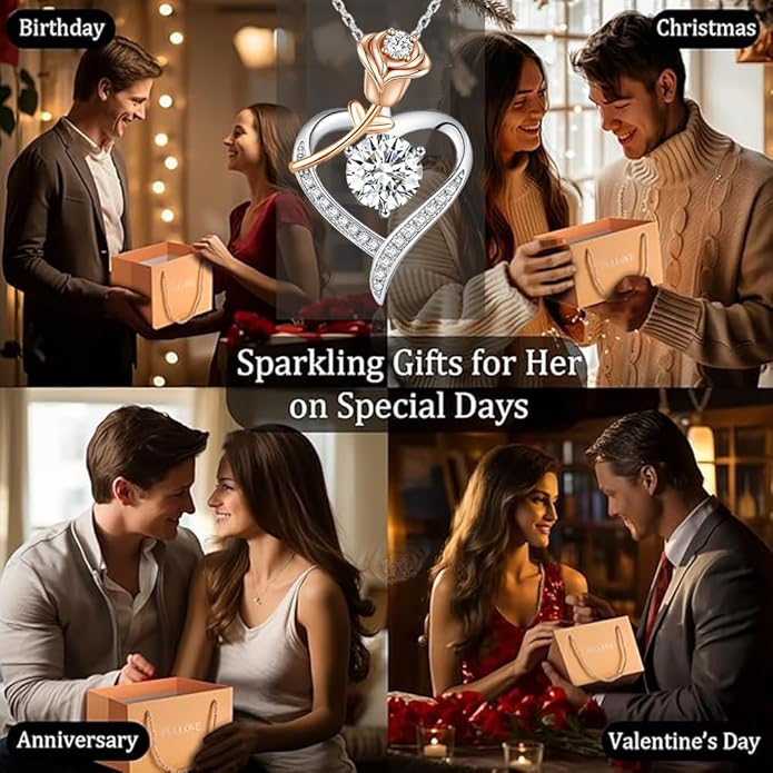 immobird 2 Carat Moissanite Necklace for Wife S925 Silver Rose Lab-Created Gem Heart Necklaces for Women Girlfriend Special Occasions Gifts Valentine's Day Gift