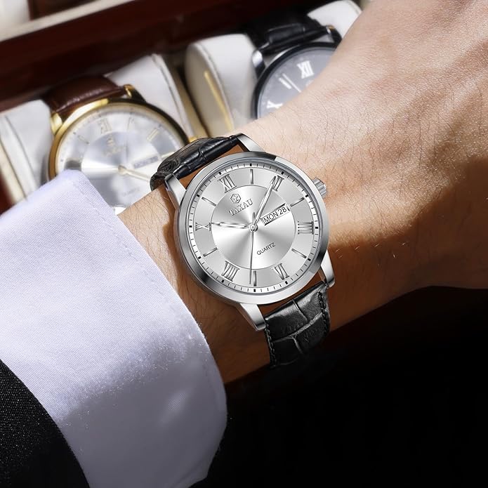 Leather Band Mens Watches with Day Date Quartz Analog Large Face Classic Watch Roman Numerals Dress Luminous Rlojes para Hombres