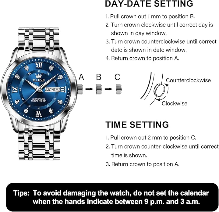 OLEVS Men's Stainless Steel Watch, Large Face Roman Numerals Diamond Accented Three-Hand Analog Quartz Watches for Men, Easy to Read Day Date Waterproof Luminous Mens Wristwatch