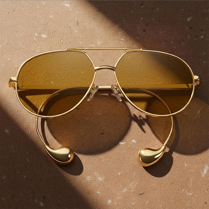 SODQW Trendy Aviator Sunglasses for Women with Earring Gold Metal Frame Fashion Sun Glasses