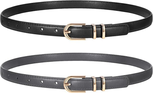 2 Pack Women Skinny Leather Belts for Jeans Pants Thin Faux Leather Belt with Gold Buckle