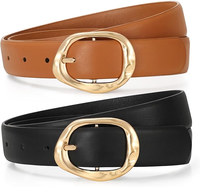 TRIWORKS 2 Pack Leather Belts for Women Fashion Waist Belt with Liquid Shapes Women Belt for Jeans Pants Dresses