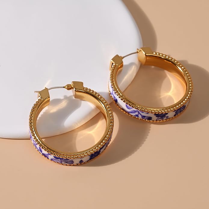 Chunky Blue and White Porcelain Hoop Earrings for Women – Hand-Painted Statement Earrings with 18K Gold, Artistic Vintage Jewelry, Luxury Gift (Cerulean)