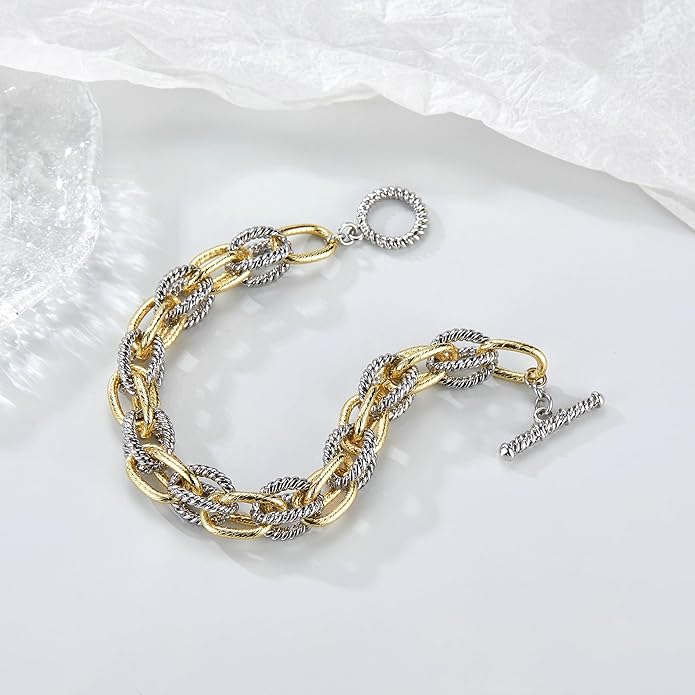 Mytys Chunky Chain Link Bracelet Two-Tone Mixed Metal Textured Toggle Clasp Statement Bangle Bracelet Jewelry for Women Fashion