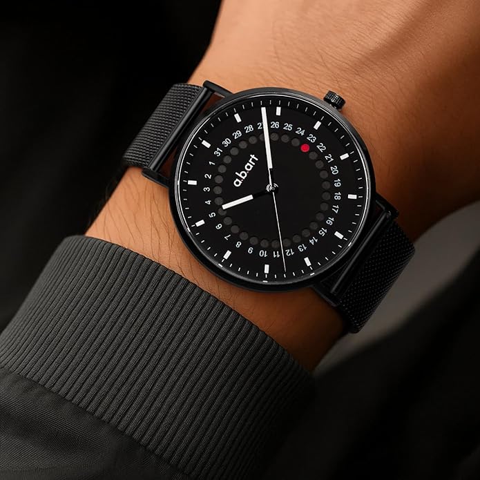 a.b.art Men's Quartz Watch, Swiss Parts Ronda Movement, Sapphire Crystal, Milanese Mesh Band, Ultra-Thin Design, 41mm Black Dial,Minimalist Bauhaus Style